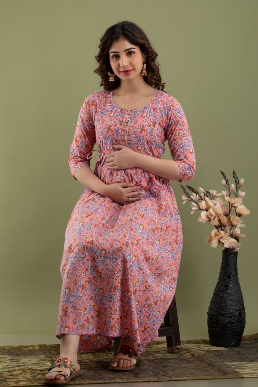 Peach Floral Maternity Nursing Gown: Dual Invisible Zips