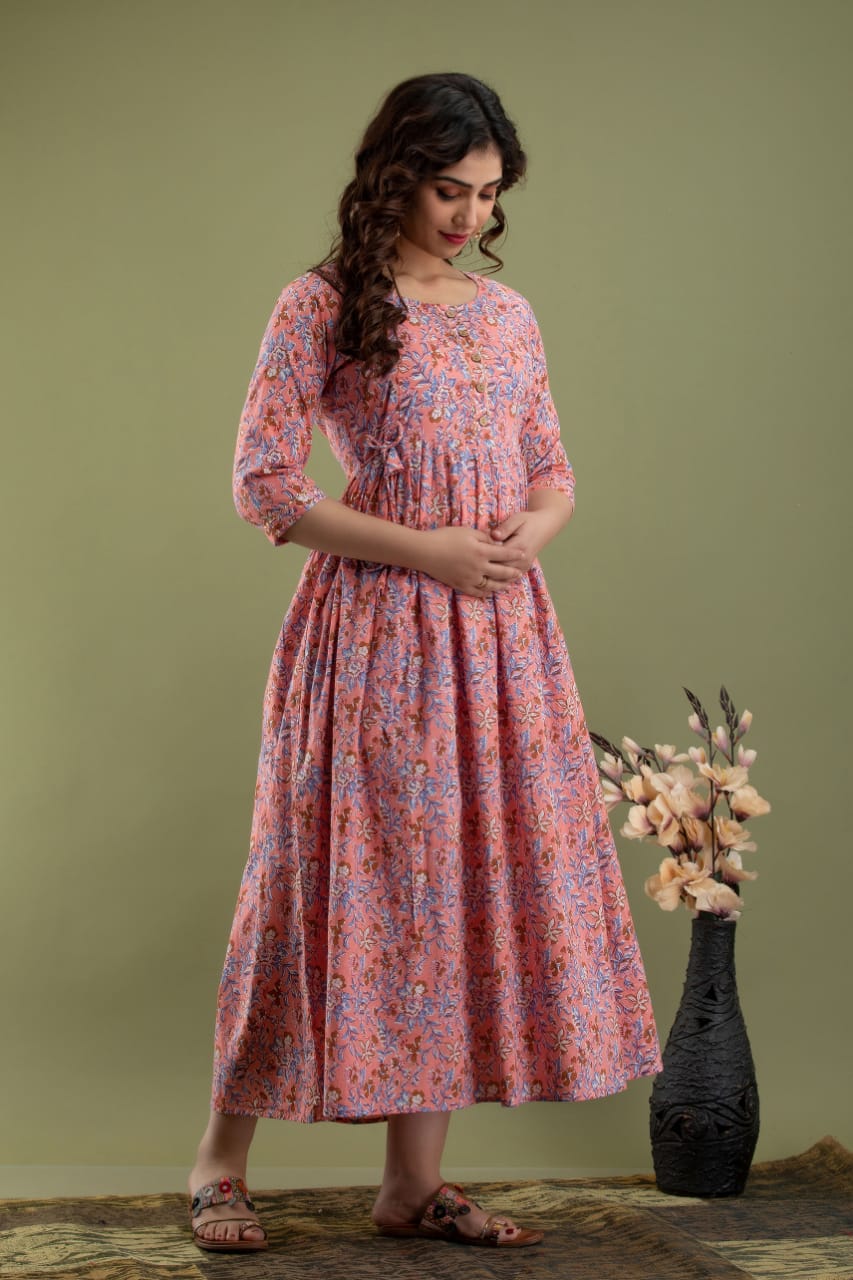 Peach Floral Maternity Nursing Gown: Dual Invisible Zips