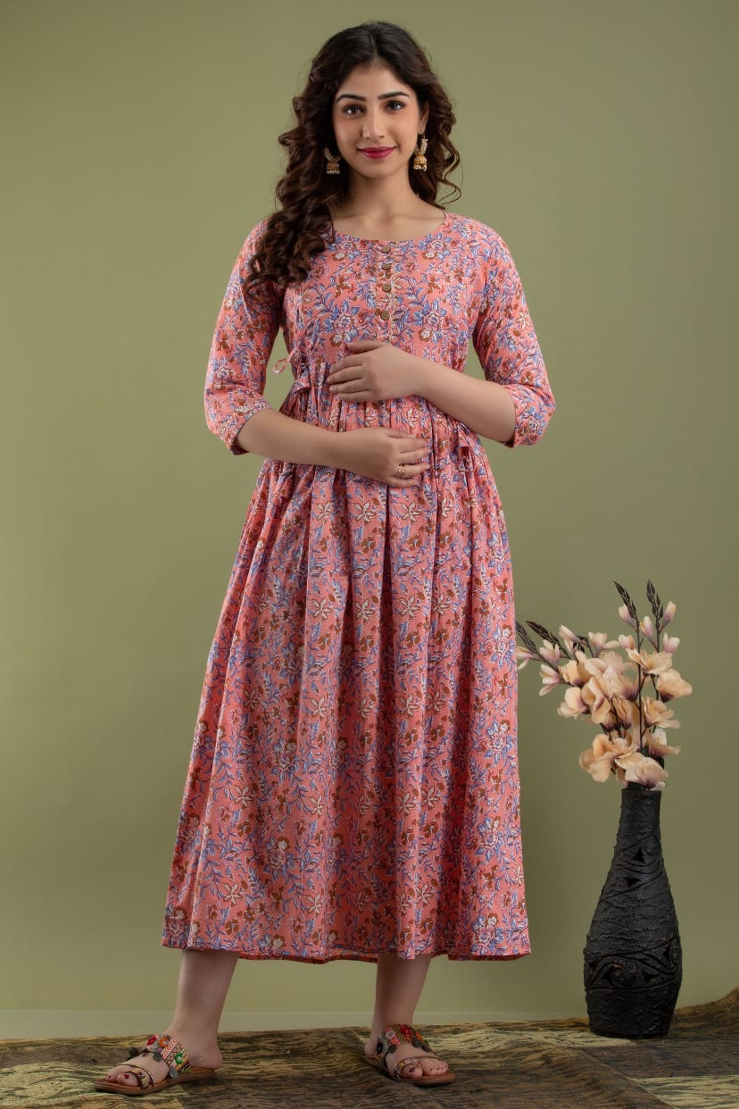 Peach Floral Maternity Nursing Gown: Dual Invisible Zips