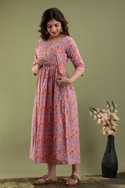 Peach Floral Maternity Nursing Gown: Dual Invisible Zips