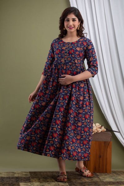 Royal Blue Flower Printed Maternity Feeding Gown: Dual Invisible Zips