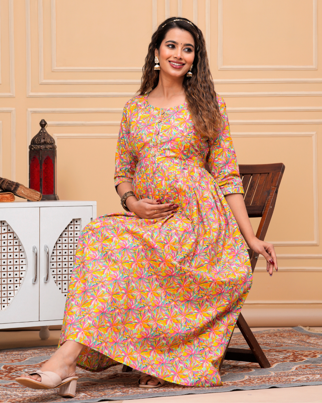 Multi-Color Floral Maternity Gown: Invisible Feeding Zip