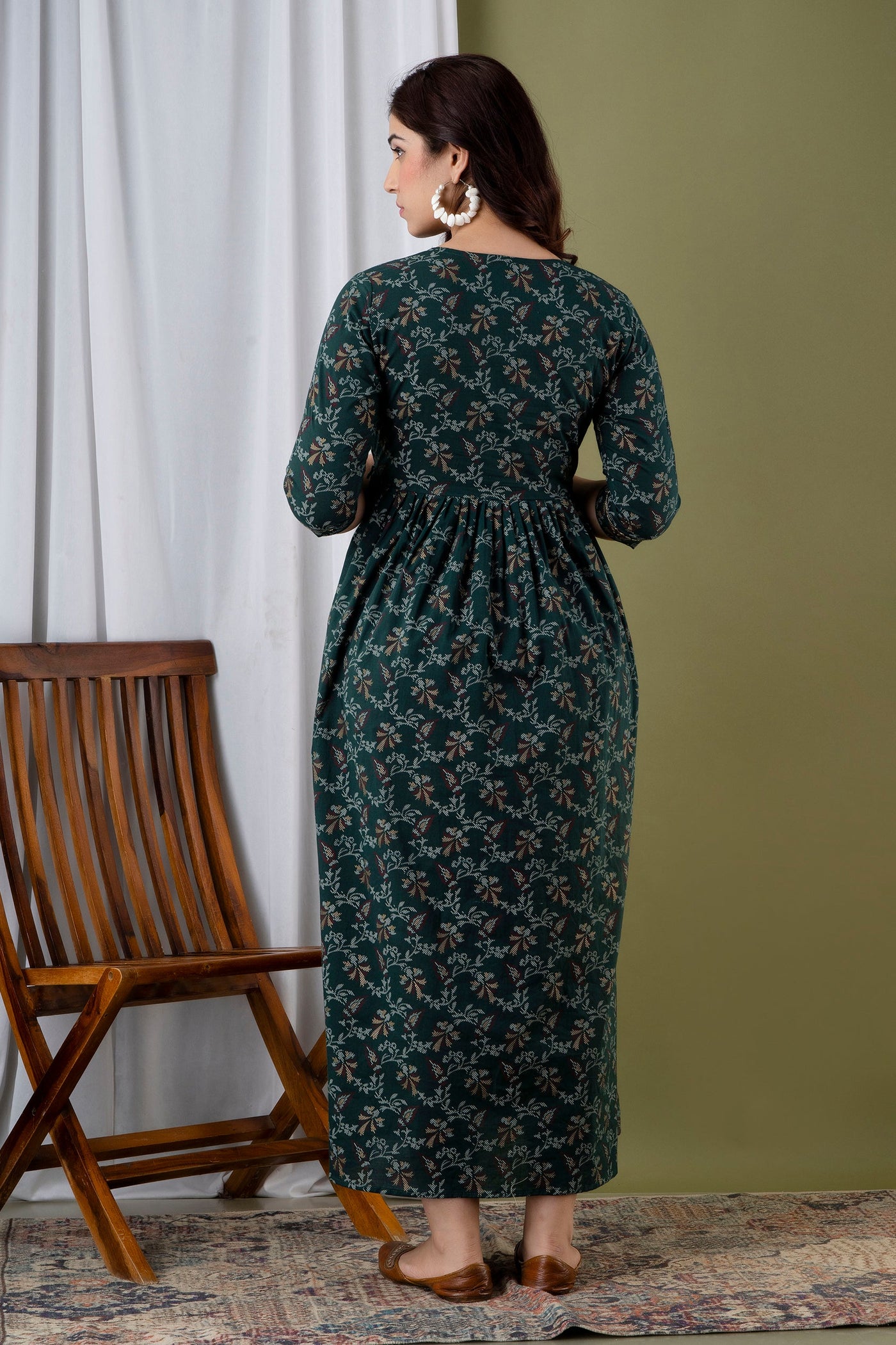 Dark Green Floral Full Long Pregnancy Gown: Dual Invisible Zips for Feeding
