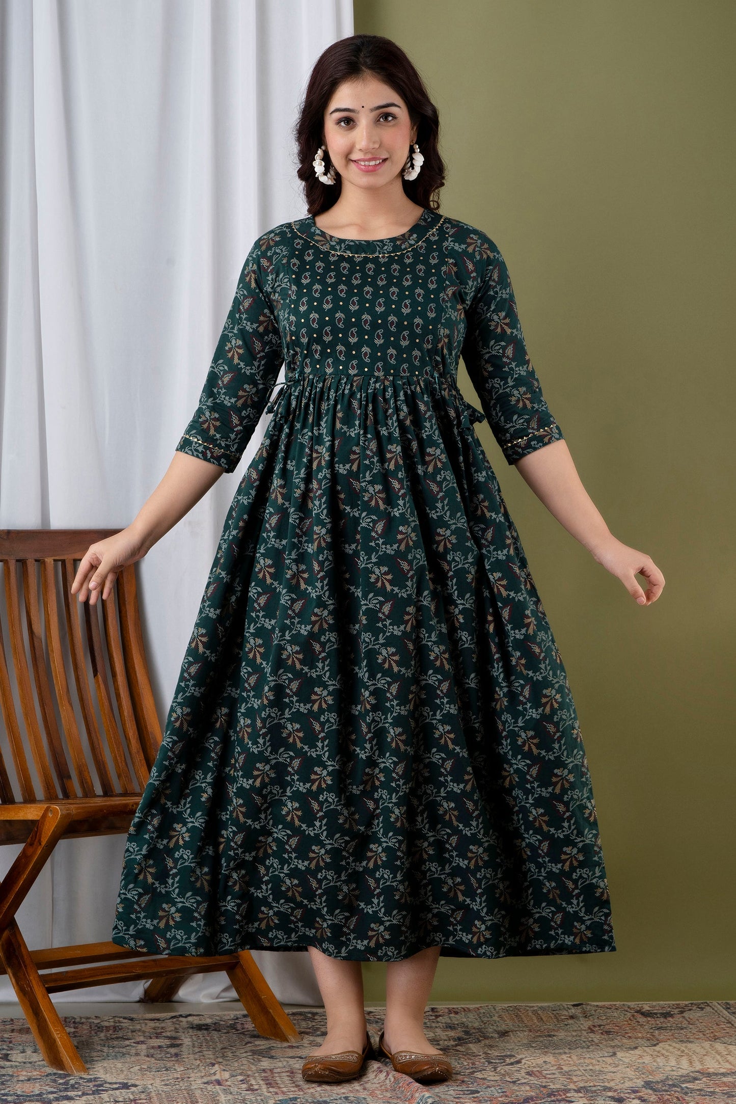 Dark Green Floral Full Long Pregnancy Gown: Dual Invisible Zips for Feeding