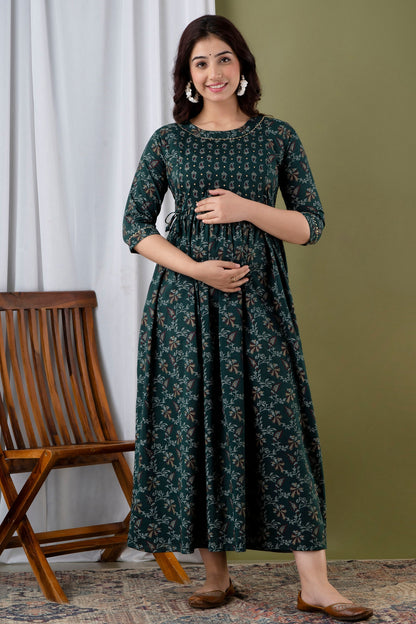 Dark Green Floral Full Long Pregnancy Gown: Dual Invisible Zips for Feeding