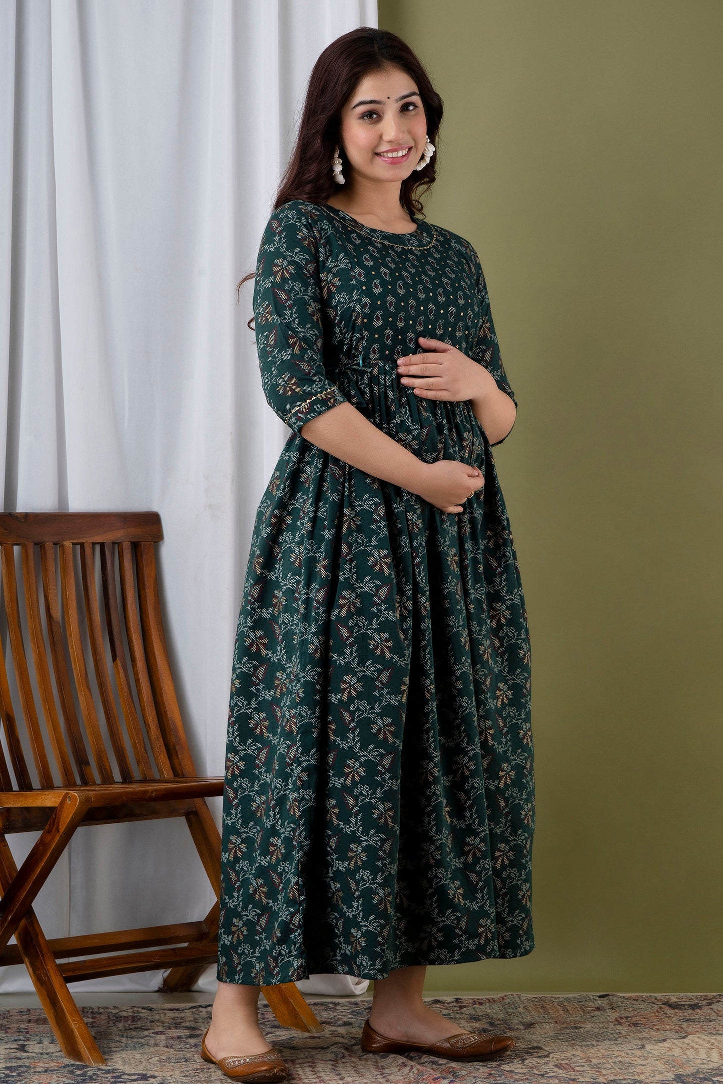 Dark Green Floral Full Long Pregnancy Gown: Dual Invisible Zips for Feeding