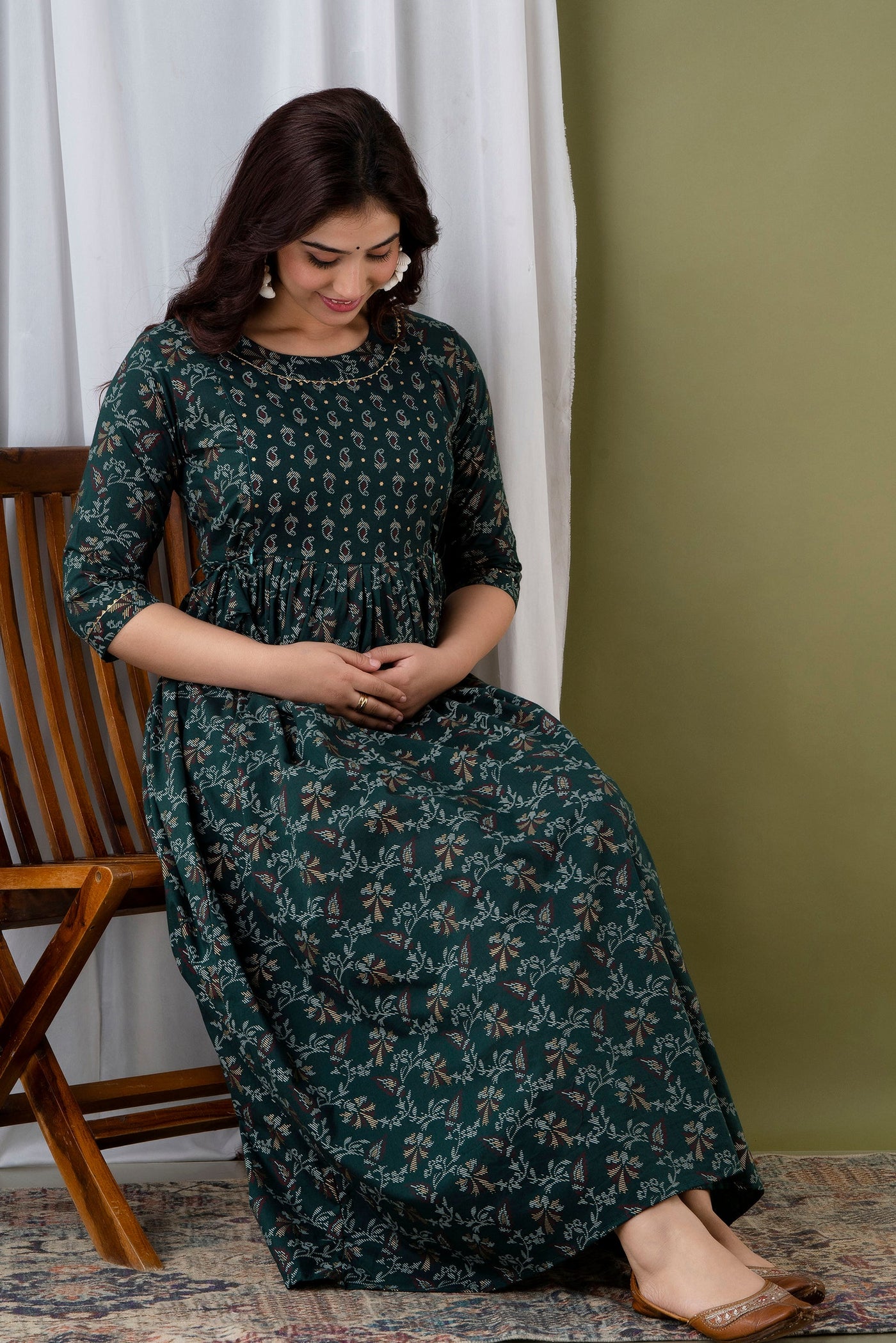 Dark Green Floral Full Long Pregnancy Gown: Dual Invisible Zips for Feeding
