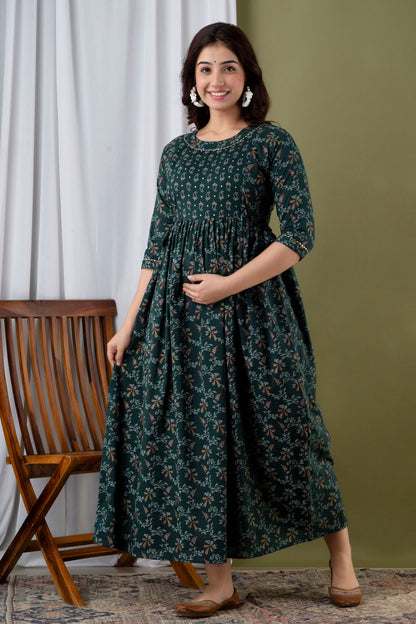 Dark Green Floral Full Long Pregnancy Gown: Dual Invisible Zips for Feeding