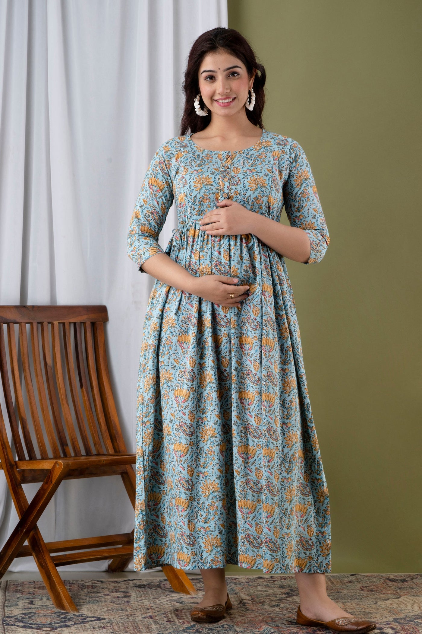Silver Floral Pregnancy Gown: Dual Invisible Zips for Feeding