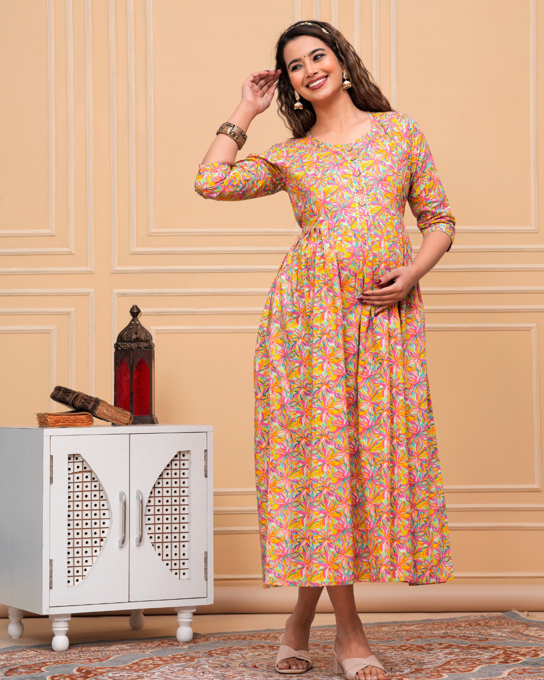 Multi-Color Floral Maternity Gown: Invisible Feeding Zip