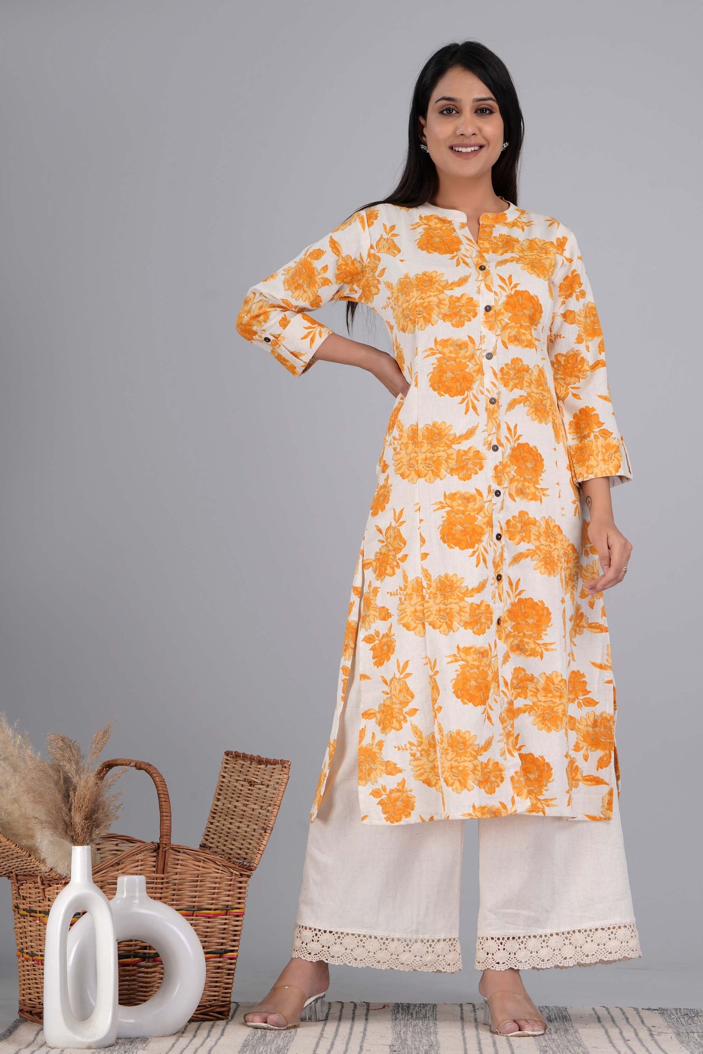 Mother's Choice Floral Printed Cyber Yellow Cotton Kurta with Plazo