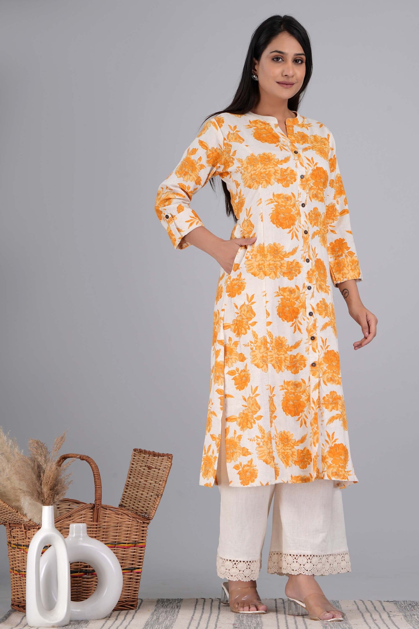 Mother's Choice Floral Printed Cyber Yellow Cotton Kurta with Plazo