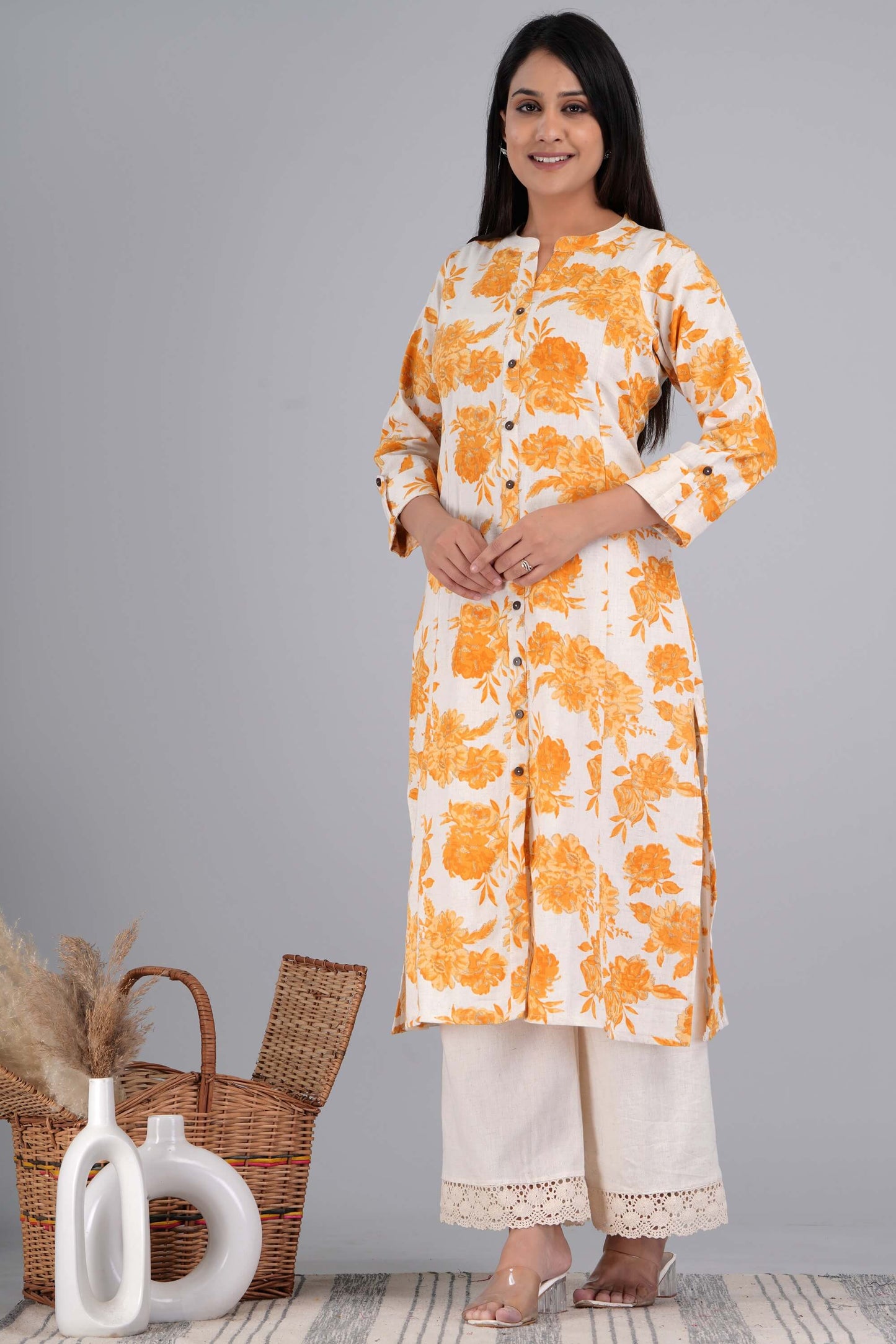 Mother's Choice Floral Printed Cyber Yellow Cotton Kurta with Plazo