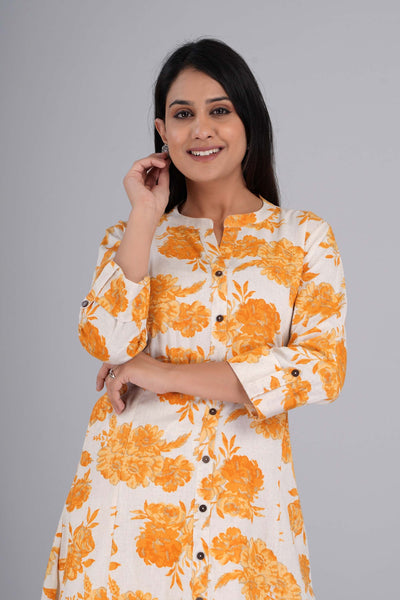 Mother's Choice Floral Printed Cyber Yellow Cotton Kurta with Plazo