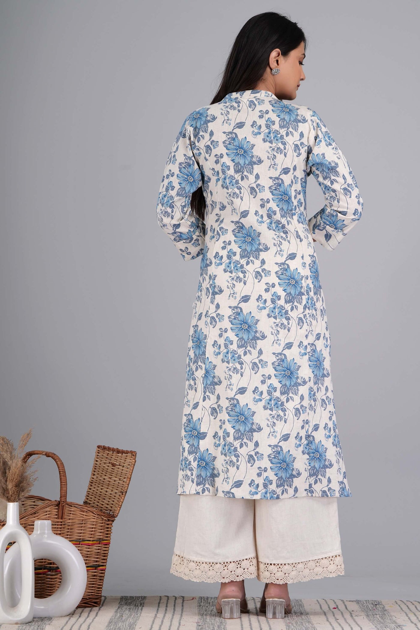 Sky Blue Floral Printed Cotton Kurta with Plazo for Women