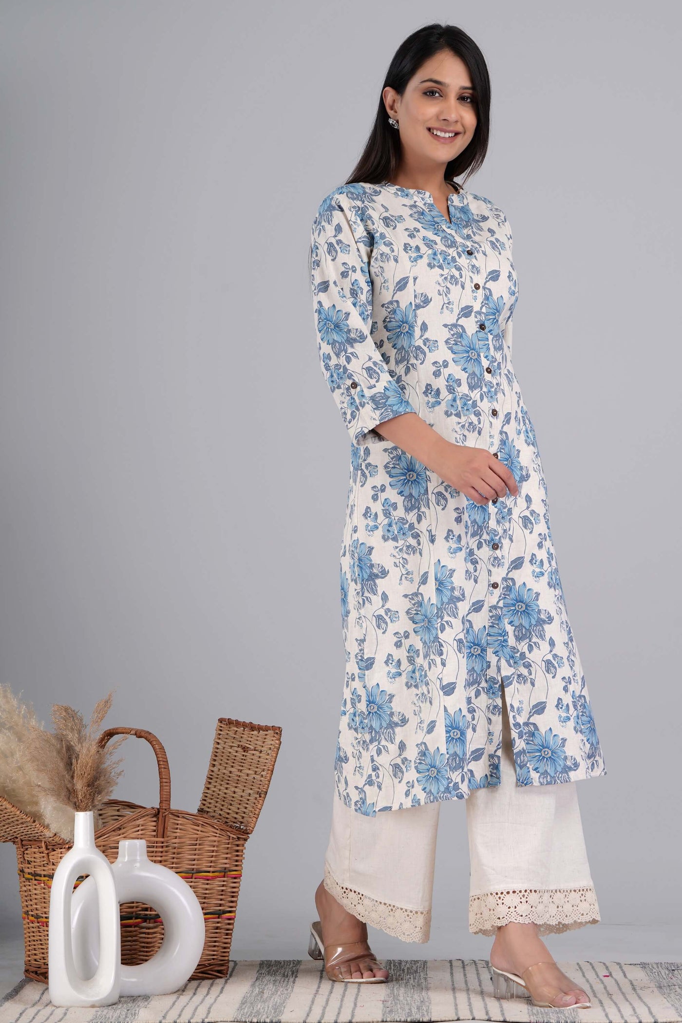Sky Blue Floral Printed Cotton Kurta with Plazo for Women