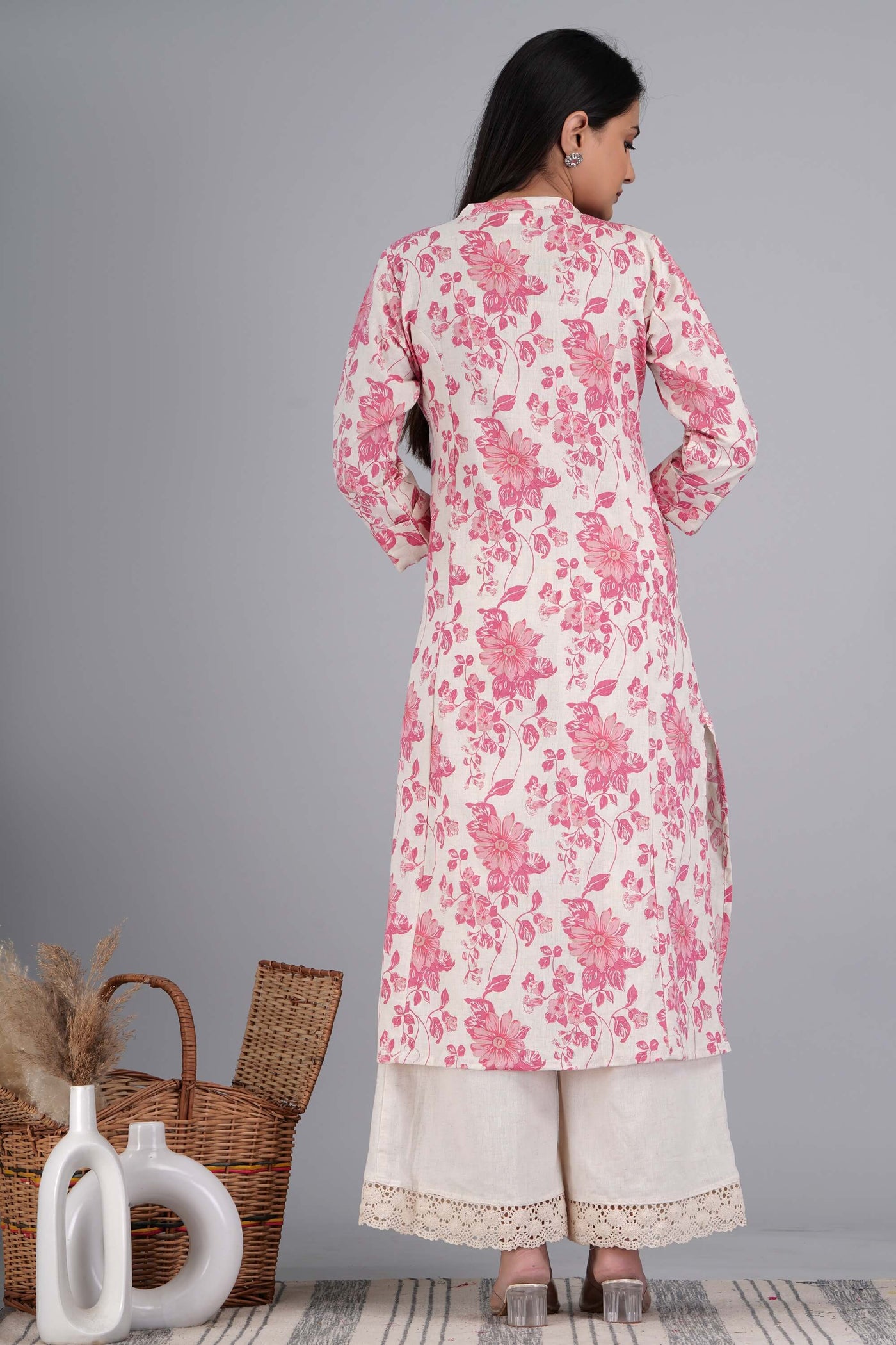 Classy Pink Floral Printed Cotton Kurta with Plazo Set for Women