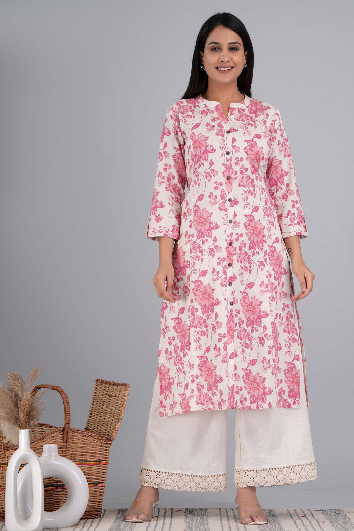 Classy Pink Floral Printed Cotton Kurta with Plazo Set for Women