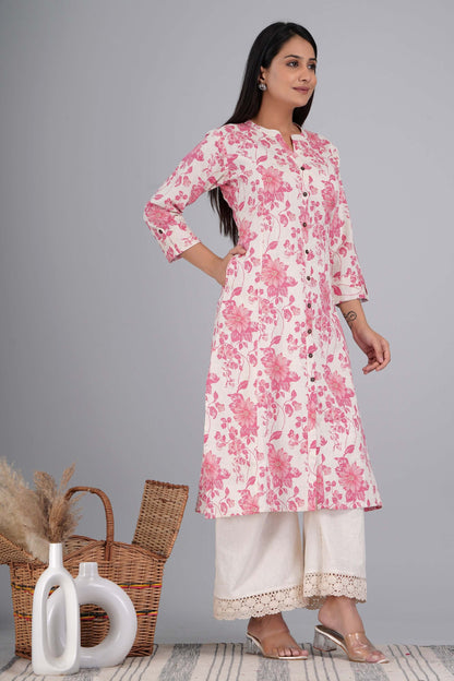 Classy Pink Floral Printed Cotton Kurta with Plazo Set for Women