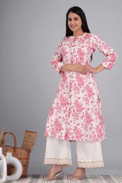 Classy Pink Floral Printed Cotton Kurta with Plazo Set for Women