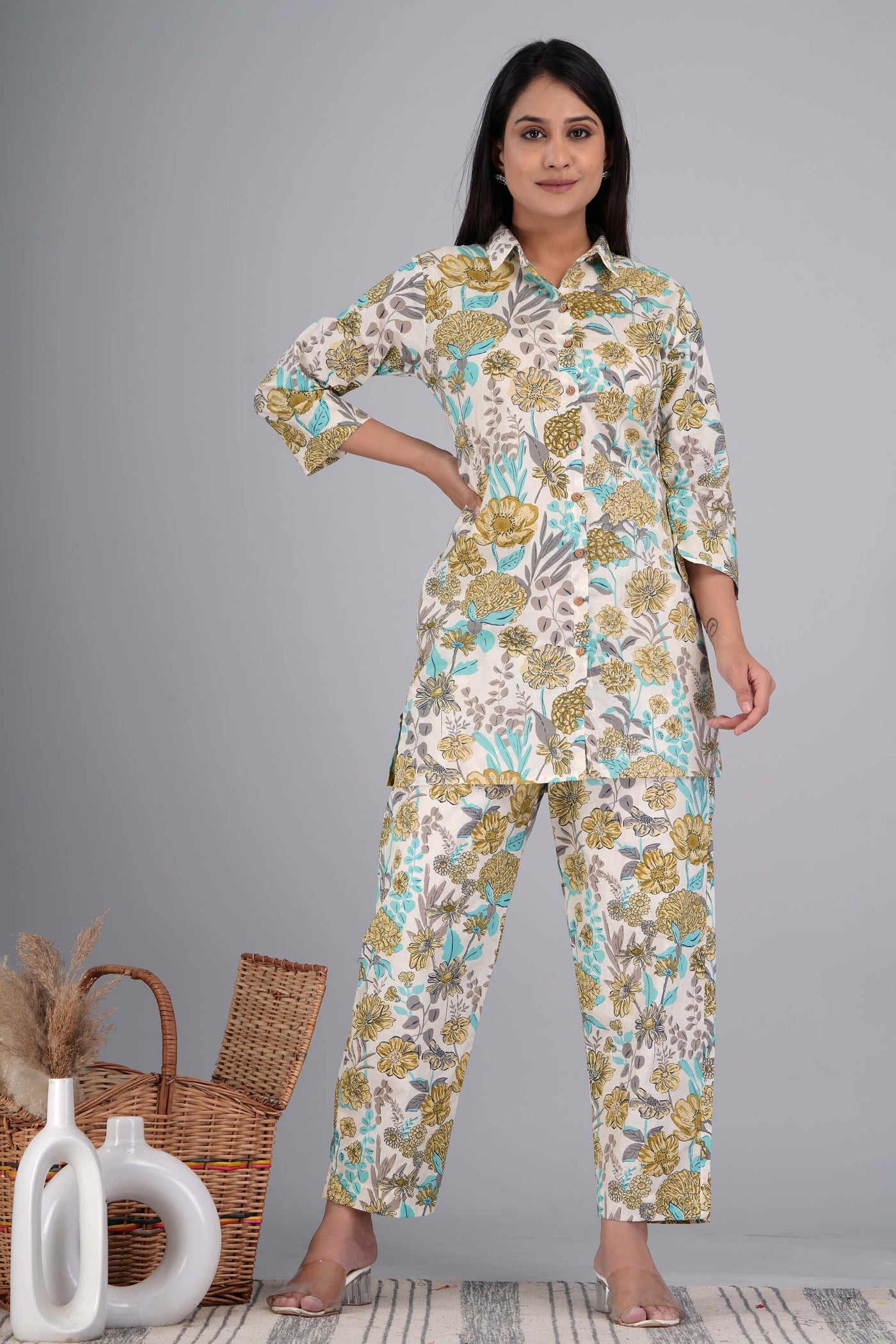 Gracy Green Floral Printed Cotton Co Ord Set for Women
