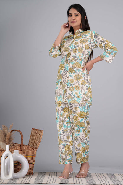 Gracy Green Floral Printed Cotton Co Ord Set for Women