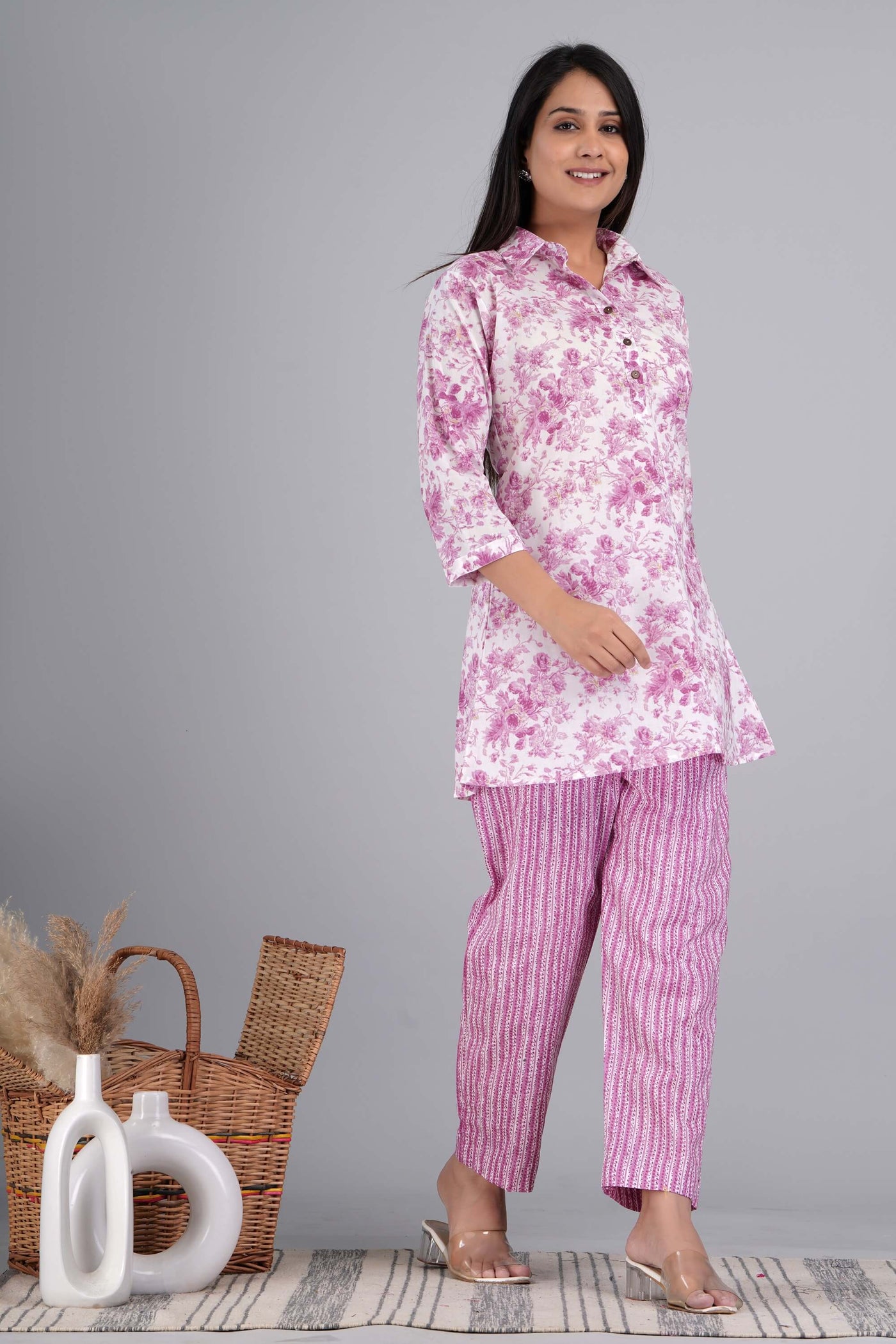 Pretty Pink Floral Printed Cotton Co Ord Set for Women
