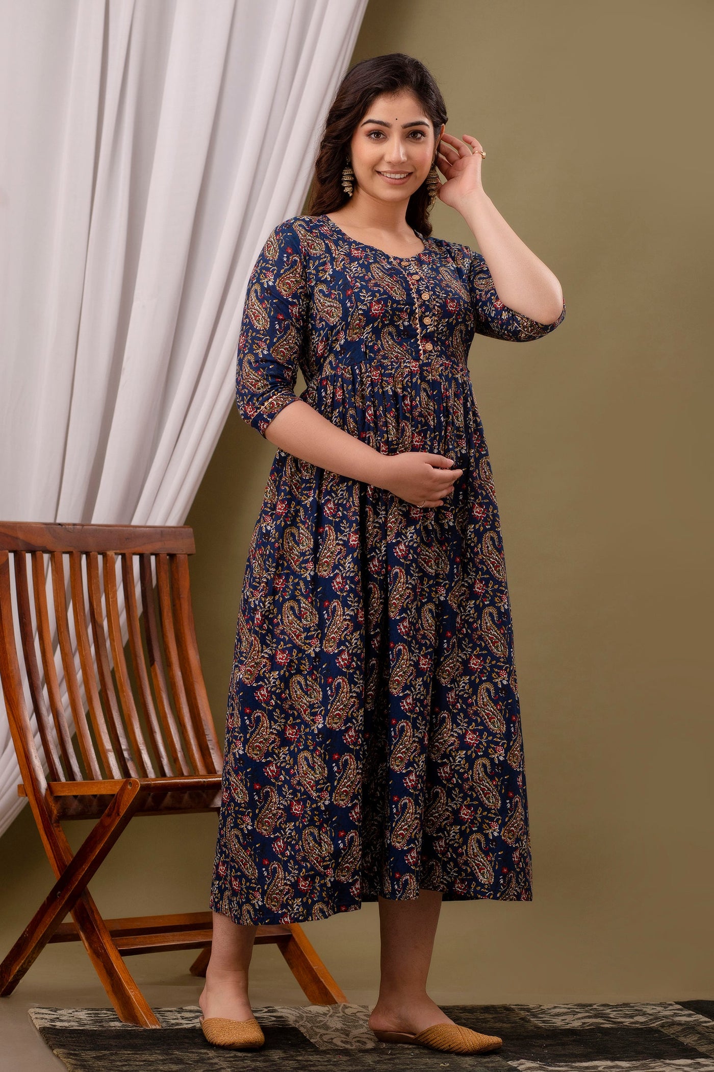 Royal Blue Floral Nursing Gown: Postpartum, Dual Invisible Zips