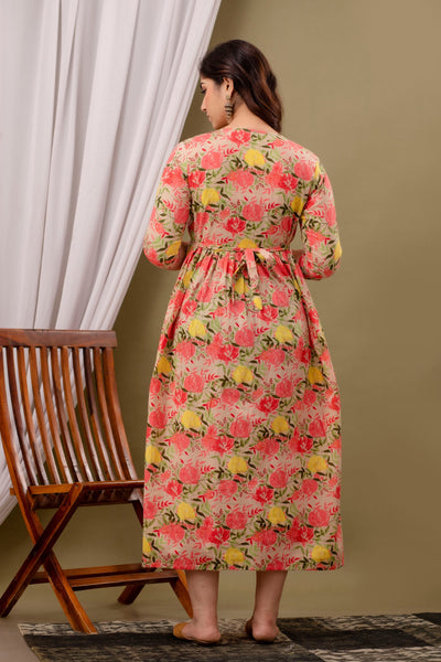 Pinkish Floral Feeding Maternity Gown: Skin Color, Dual Side Zips