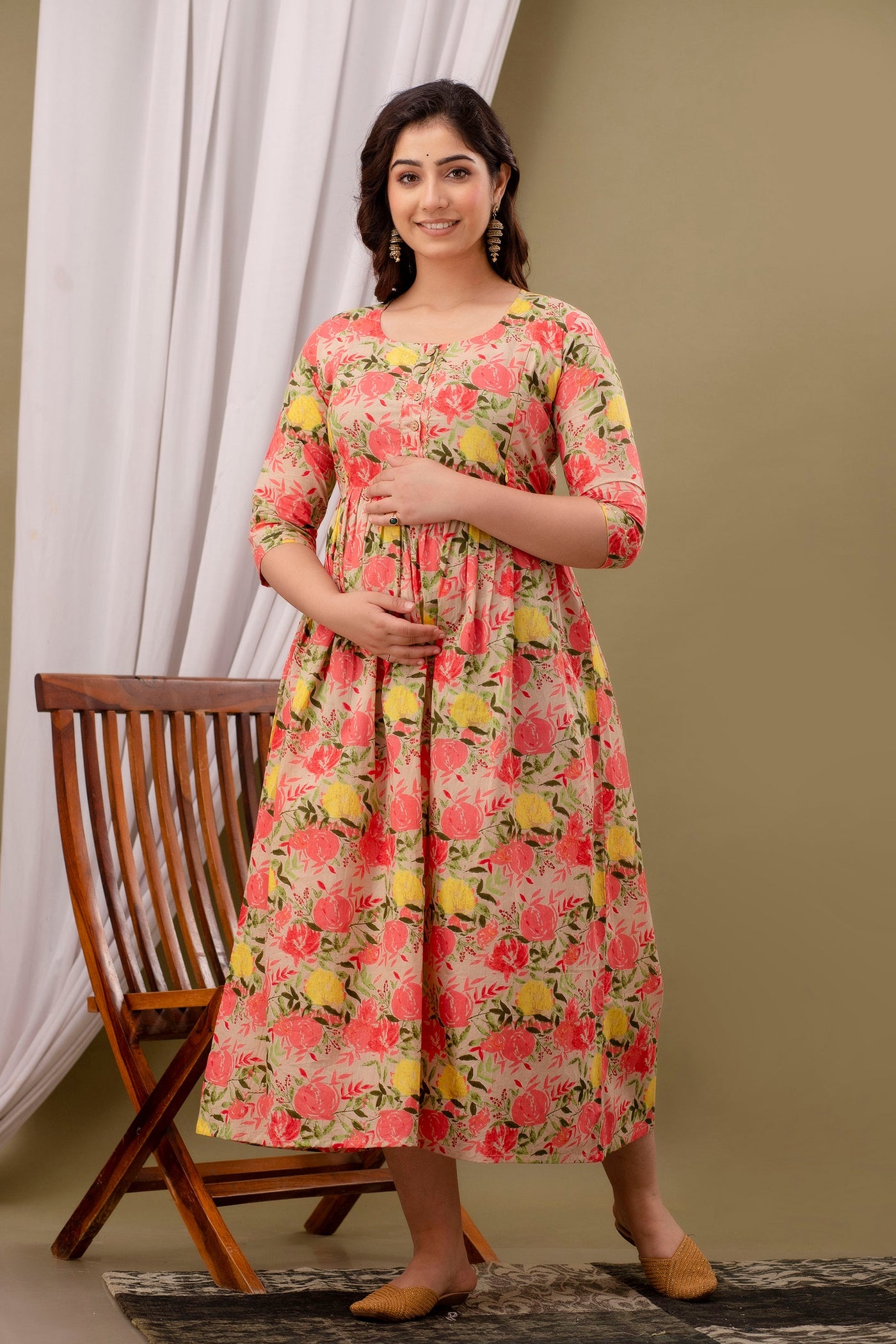 Pinkish Floral Feeding Maternity Gown: Skin Color, Dual Side Zips