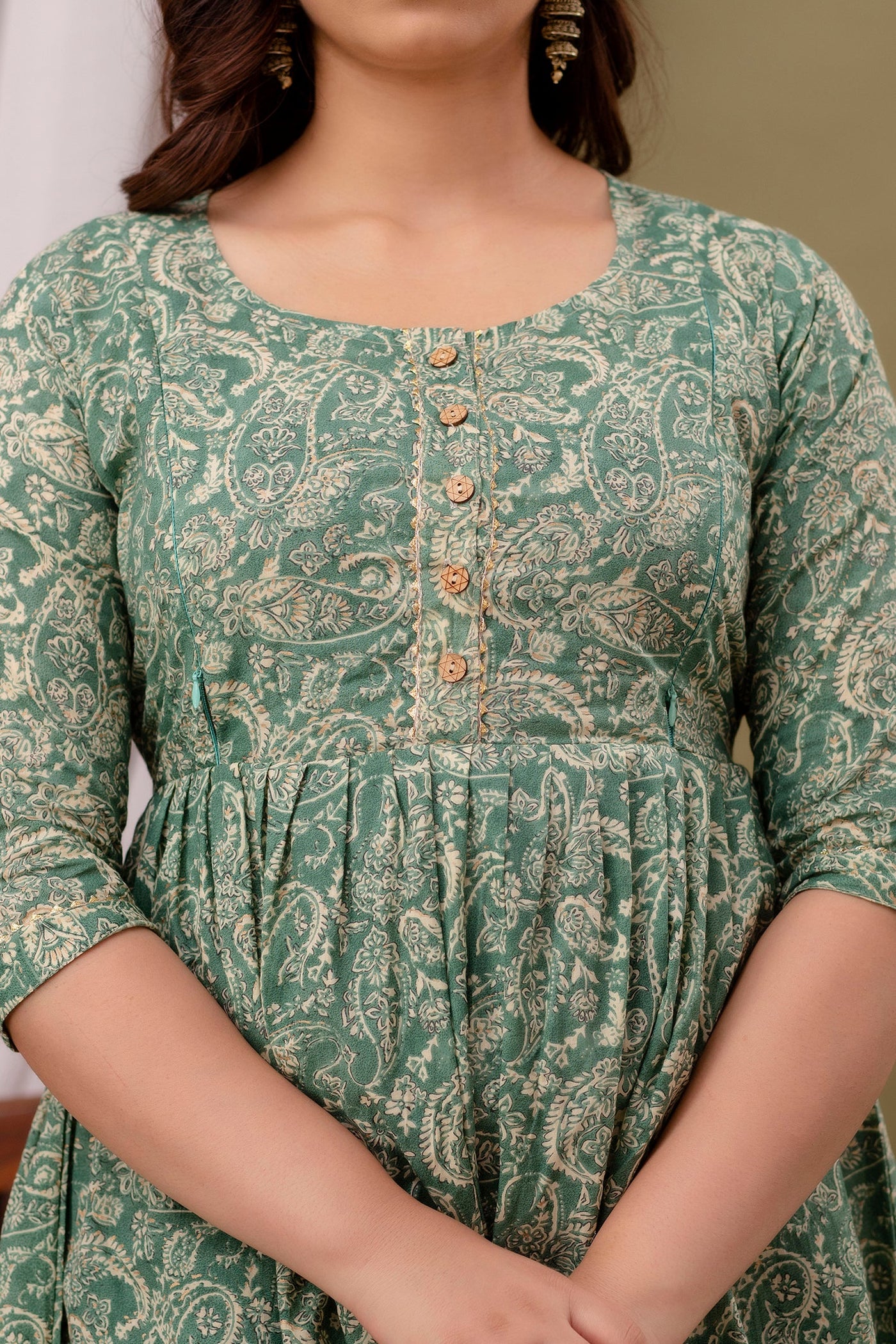 Smoke Green Buti Print Nursing Gown: Postpartum, Invisible Zips