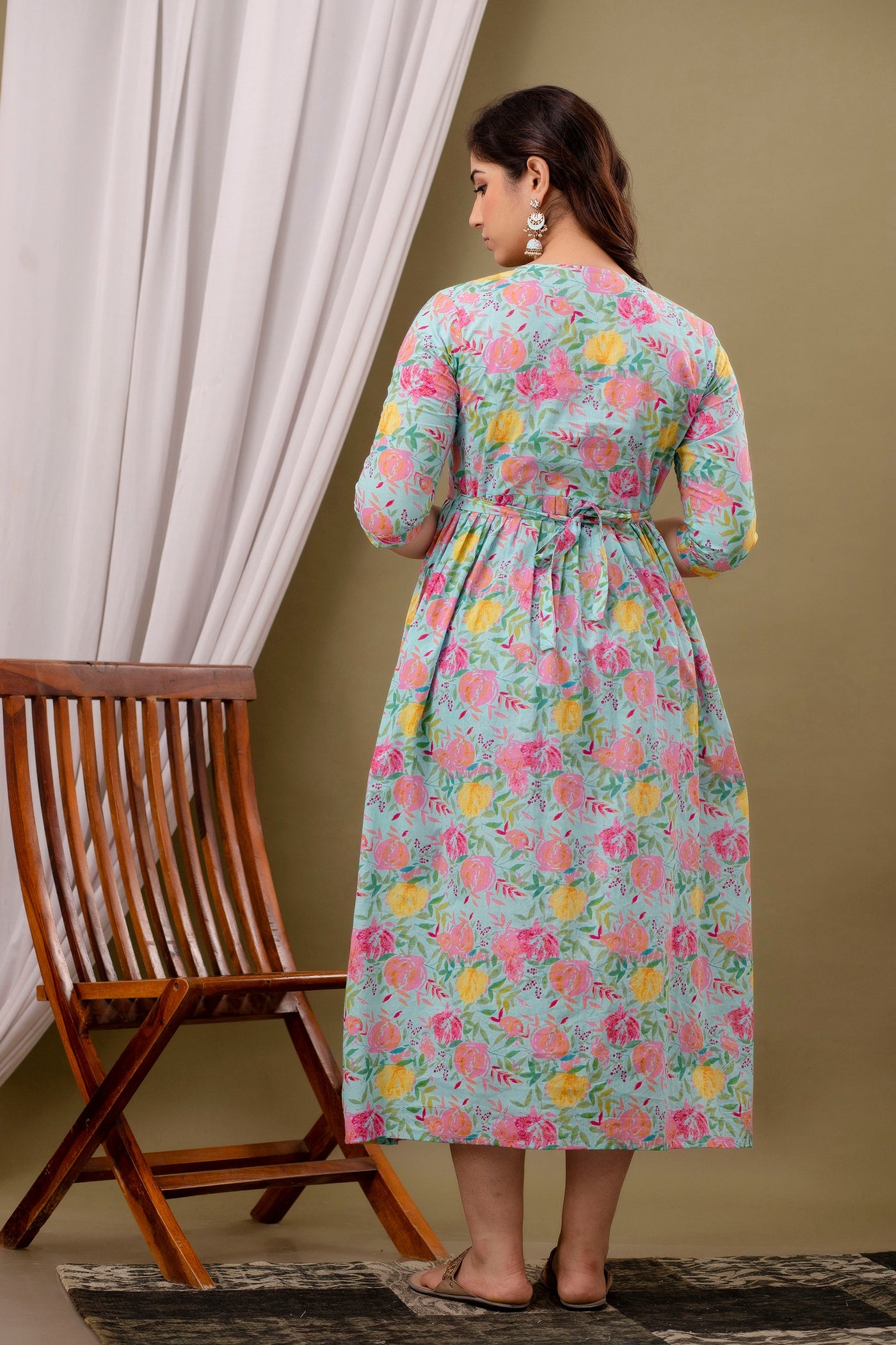 Postpartum Nursing Gown: Pink & Yellow Flower Print, Dual Zips