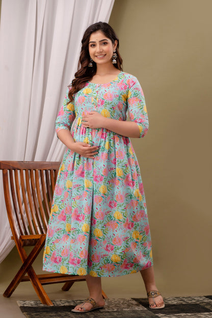 Postpartum Nursing Gown: Pink & Yellow Flower Print, Dual Zips