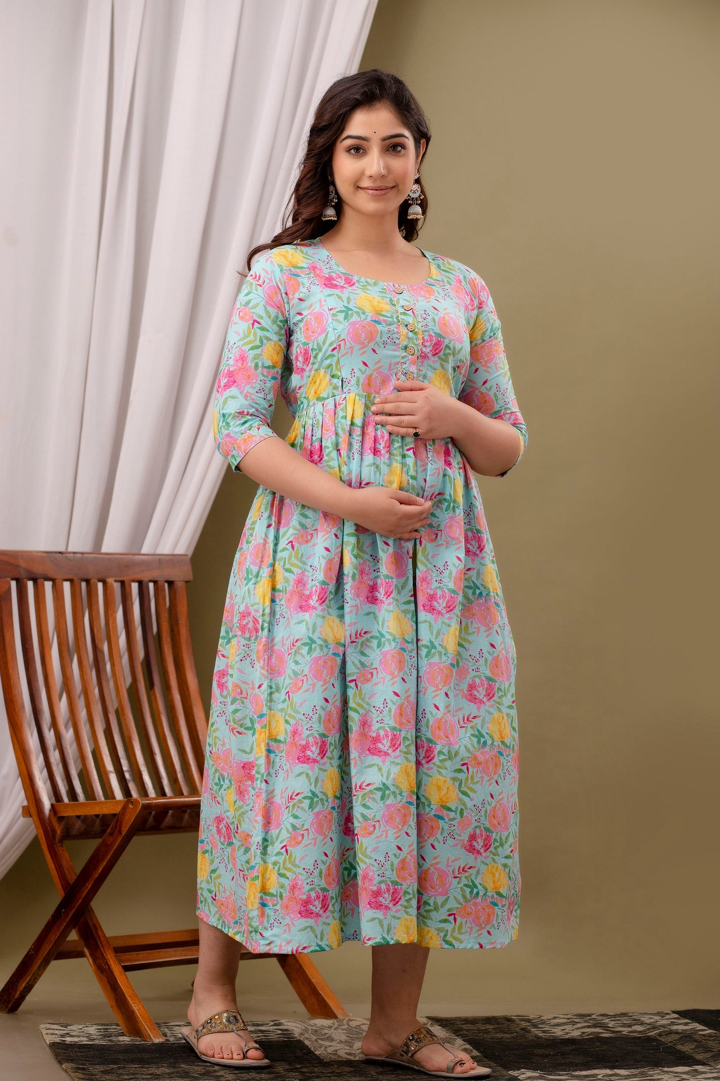 Postpartum Nursing Gown: Pink & Yellow Flower Print, Dual Zips