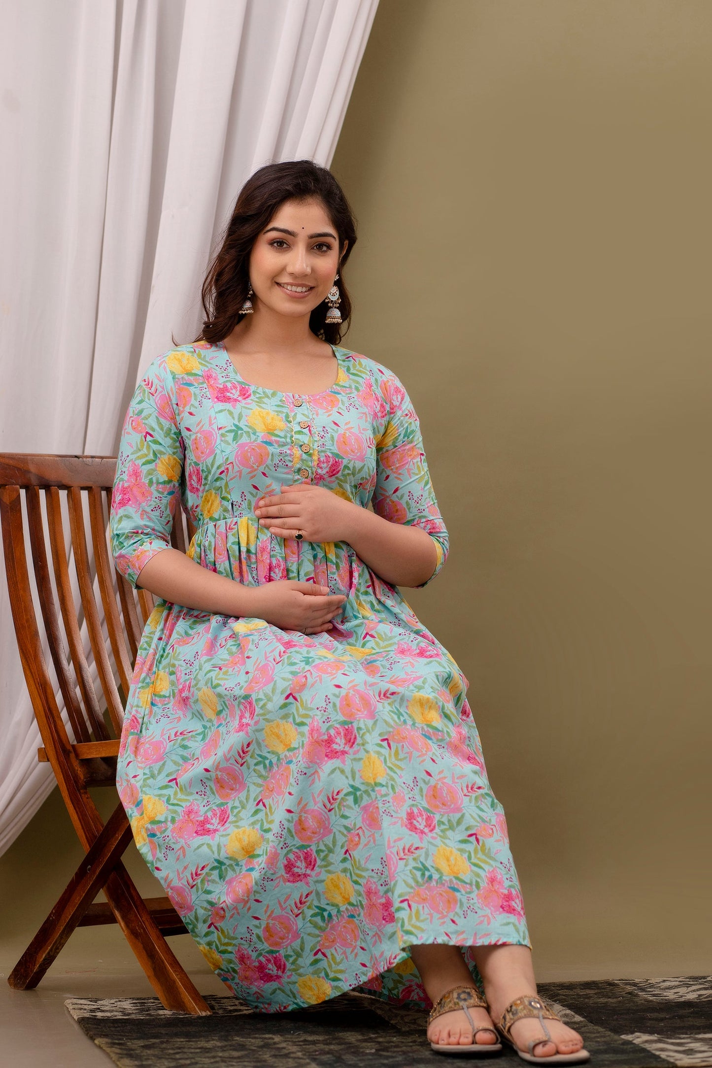 Postpartum Nursing Gown: Pink & Yellow Flower Print, Dual Zips