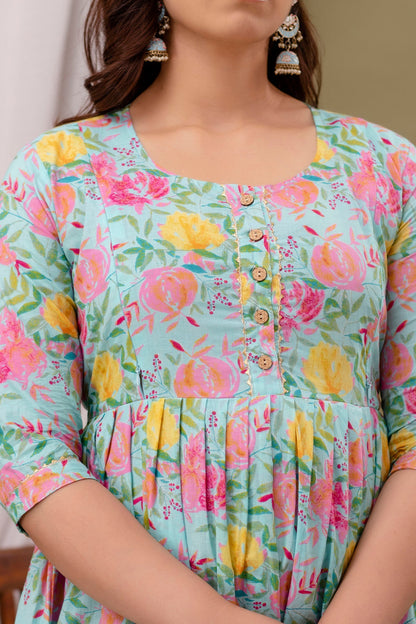 Postpartum Nursing Gown: Pink & Yellow Flower Print, Dual Zips