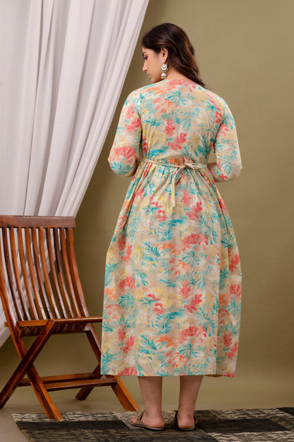 Maternity & Feeding Gown: Leaf Print, Dual Invisible Zips