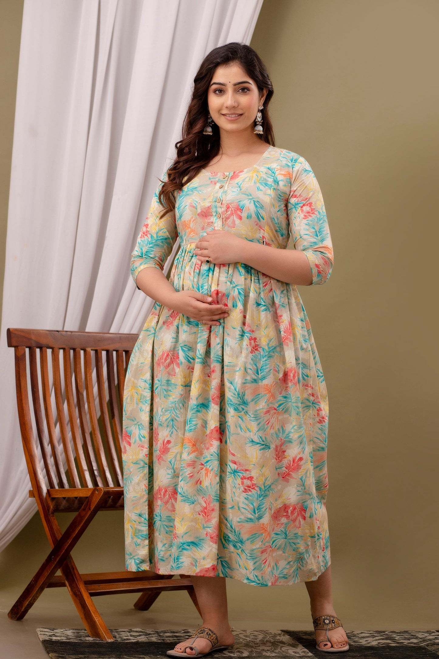 Maternity & Feeding Gown: Leaf Print, Dual Invisible Zips