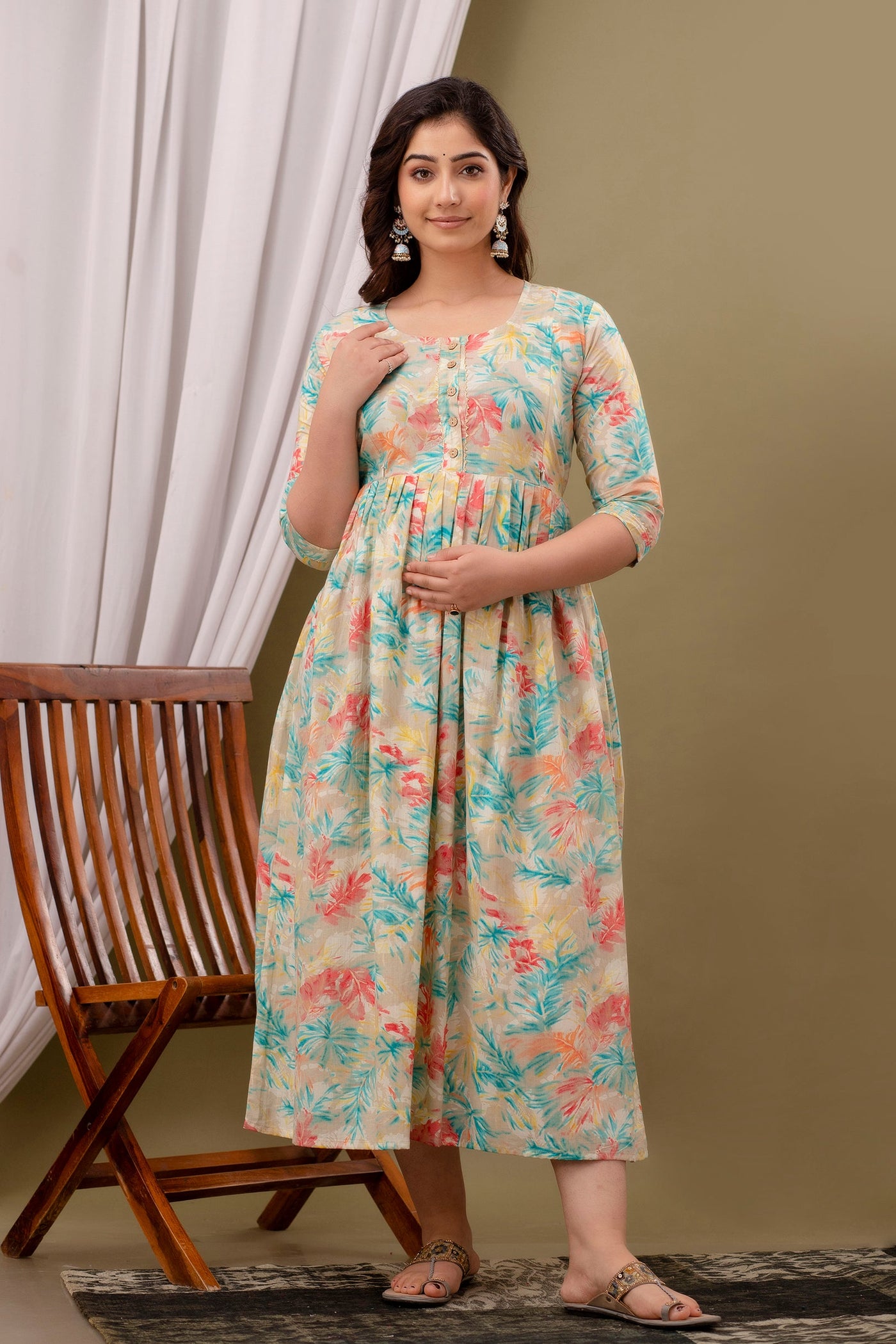 Maternity & Feeding Gown: Leaf Print, Dual Invisible Zips