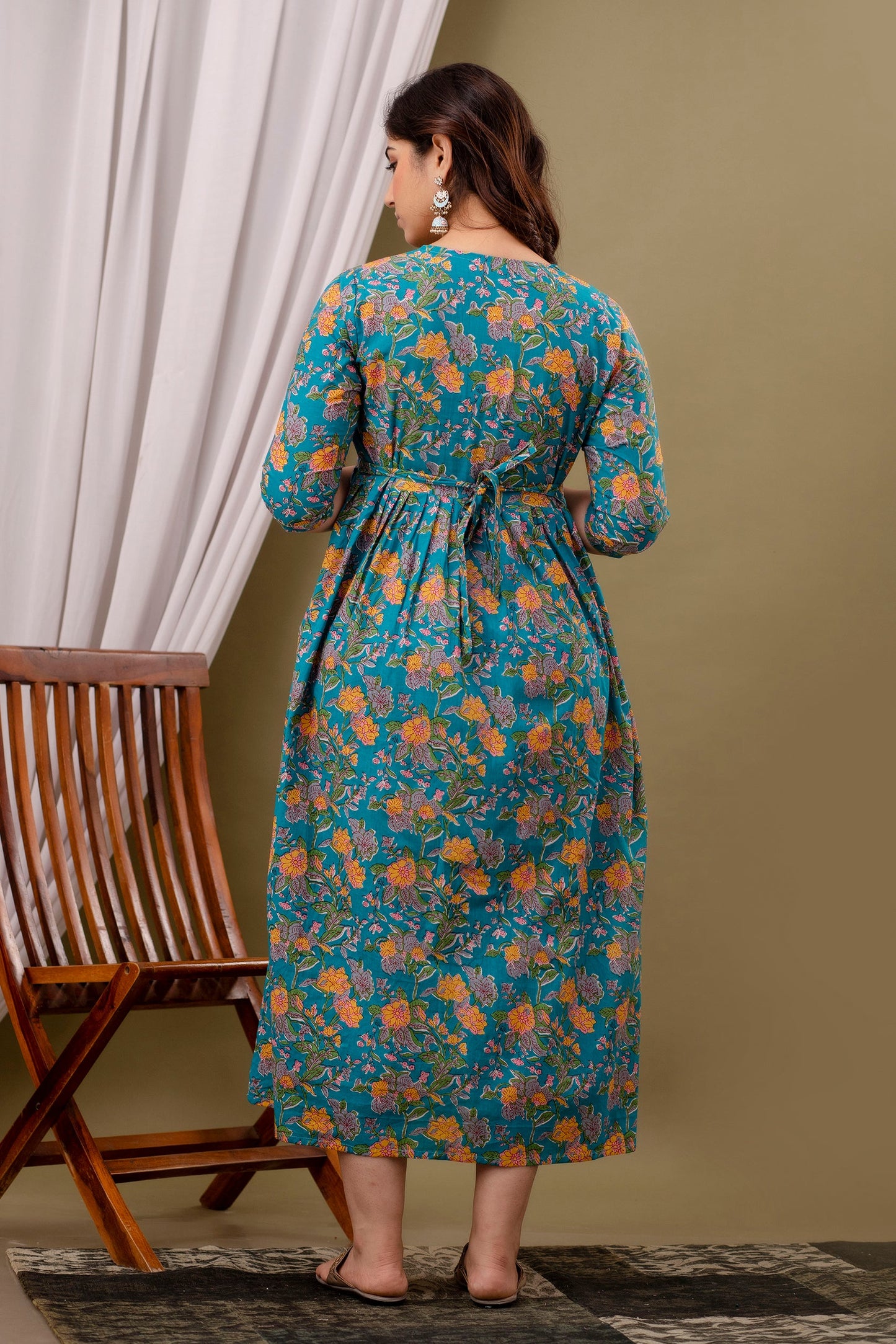 Rama Green Pregnancy Gown: Flower Print, Dual Invisible Zips