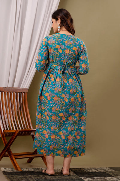 Rama Green Pregnancy Gown: Flower Print, Dual Invisible Zips