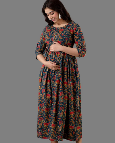 Teal Blue Flower Printed Maternity Gown: Dual Invisible Zips