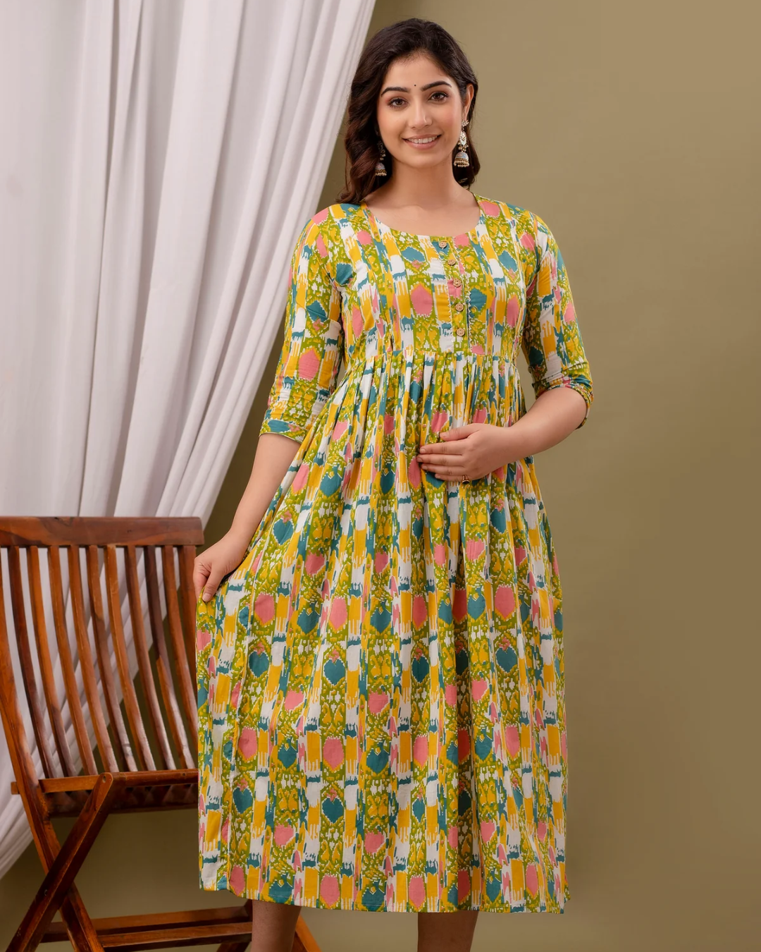 Multicolor English Print Pregnancy Gown: Dual Invisible Zips for Feeding