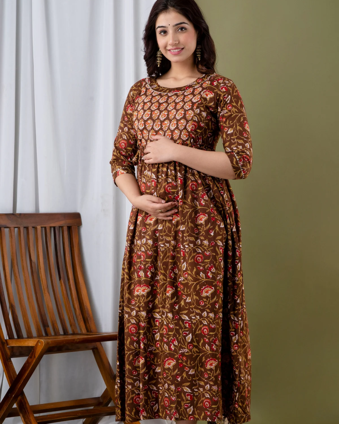 Dark Brown Floral Feeding Maternity Gown: Invisible Zips Both Sides