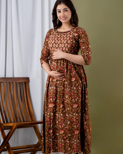 Dark Brown Floral Feeding Maternity Gown: Invisible Zips Both Sides